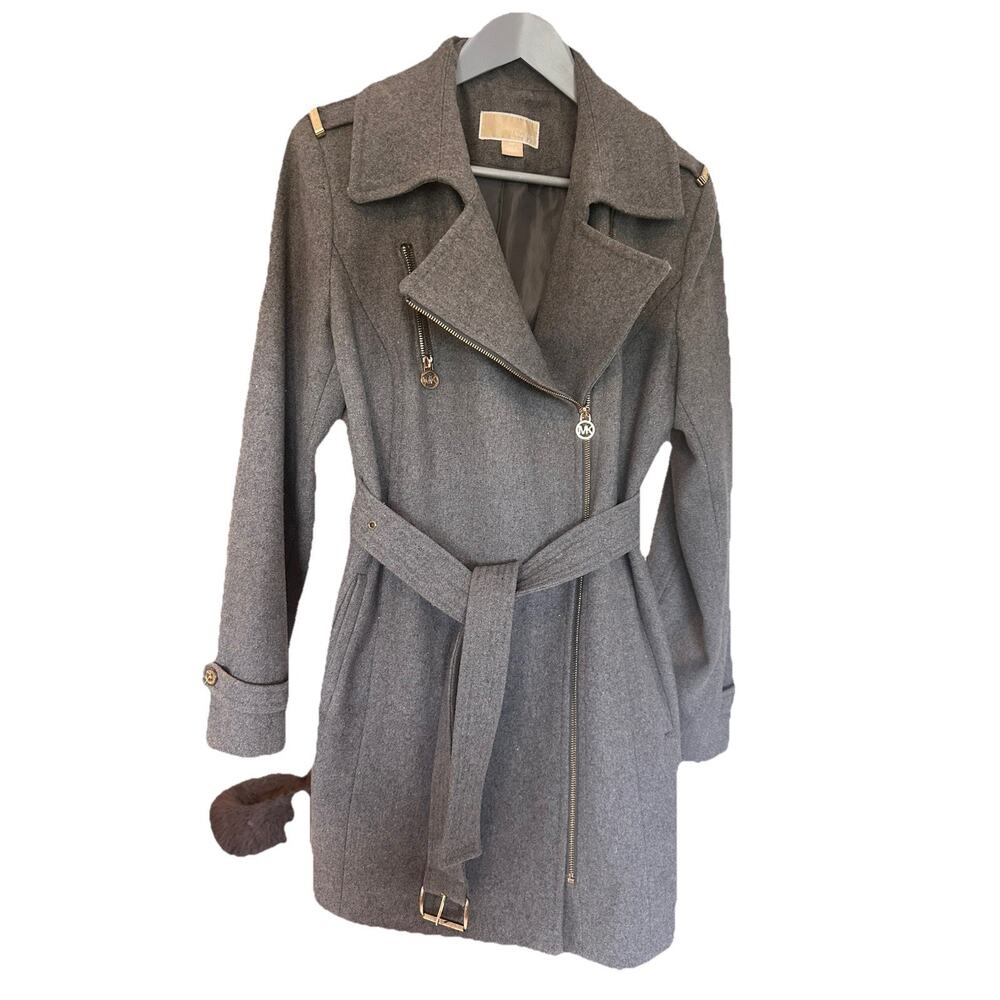 Michael Kors Grey Belted Trench Coat Wool Blend Gold Zipper Women’s Size 12
